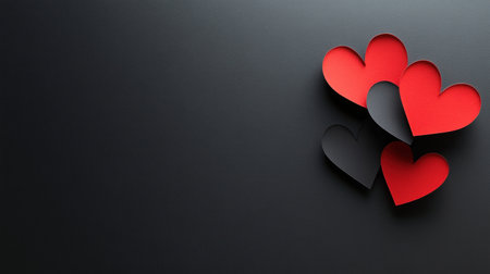 Black background with red hearts in the style of paper cut, black and dark gray tones, love concept background, flat lay, high resolution, highly detailed, simple design, high contrast, clean background, no shadows, no text or letters, lots of negative space. --chaos 30 --ar 16:9 --v 6.1 Job ID: f4a99e57-7992-4ad7-9ad1-d4688211c2deの素材