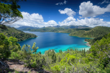 A stunning view of the turquoise waters and lush pine forest on new caledonia's tropical island, perfect for vacation photography, with clear skies above. --ar 3:2 --v 6.1 Job ID: 31e7aaa8-1d41-4c61-9045-97e43c4e4d12の素材
