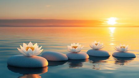 A tranquil scene of water with smooth stones and lotus flowers, symbolizing balance in meditation for well-being. The background is a gradient sky at sunset, creating an atmosphere that evokes calmness and tranquility. This visual representation adds to the overall serene mood, promoting relaxation through meditation and self-care. High-resolution photography, detailed and realistic in style. --chaos 30 --ar 16:9 --v 6.1 Job ID: 00f530d8-3314-4a0a-830e-992743bfe929の素材