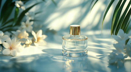 Elegant glass perfume bottle with a gold cap, centered on a white surface with soft shadows and delicate floral elements. The composition is clean and high-end, with a luxurious style. This is a product photography image captured in natural light, with a blurred background of palm leaves and flowers, focusing on the elegant design of the fragrance. --ar 128:71 --v 6.1 Job ID: d2f934f7-f273-4b68-9843-753df9d9508eの素材