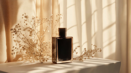 Black glass perfume bottle mockup on a white table with a beige curtain and dry flowers in sunlight, high resolution, high detail, close-up, ultra-realistic photography. --ar 128:71 --v 6.1 Job ID: 194be24b-76d0-43ca-8b2b-8f15fef80a0eの素材
