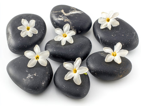 Black Zen stones with jasmine flowers isolated on a white background, a spa and wellness concept, a massage therapy or beauty salon symbol, perfect for print, web design, presentation, magazine cover, or poster, with high-resolution, professional photographs on isolated white backgrounds. --ar 4:3 --v 6.1 Job ID: 1a3ebd84-d7ec-4945-a31f-721703b86a28の素材