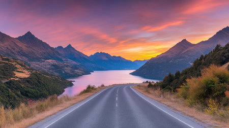 An empty asphalt road leading into the distance, with mountains and a beautiful sunset in the background. The sky is painted with hues of pink, orange, purple, and blue, creating an enchanting atmosphere. On both sides of the highway there are some hills covered by green vegetation, while on one side you can see a lake that reflects the colors of the setting sun. In front of us we have a horizon where two distant mountain peaks meet, adding to the sense of adventure. --chaos 30 --ar 16:9 --v 6.1 Job ID: b9bc706e-4dca-431b-83cd-f1ac75ccefd8の素材