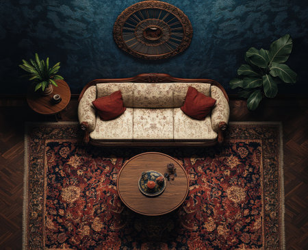 Dark blue wall, living room with sofa and coffee table, carpet on the floor, wooden furniture, decorative plants, warm color tone, high-resolution photography, professional product photography, natural light, studio lighting, high-level details, best quality, high definition, 3D rendering --ar 37:30 --v 6.1 Job ID: 6fcfb43d-acbe-41fc-a896-667f5ce4a27bの素材