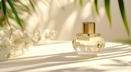 Elegant glass perfume bottle with a gold cap, centered on a white surface with soft shadows and delicate floral elements. The composition is clean and high-end, with a luxurious style. This is a product photography image captured in natural light, with a blurred background of palm leaves and flowers, focusing on the elegant design of the fragrance. --ar 128:71 --v 6.1 Job ID: d2f934f7-f273-4b68-9843-753df9d9508eの素材