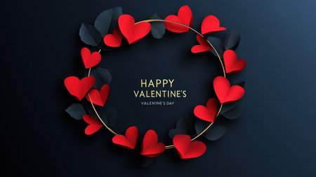 Happy Valentine's Day background with an elegant golden line frame and red paper hearts vector illustration, isolated on a dark blue background. The text "HAPPY VALENTINE'S DAY" is in the center of a circle, with a flat lay, studio lighting, high-resolution, and ultra-realistic photography. --chaos 30 --ar 16:9 --v 6.1 Job ID: 060e31fa-3467-476f-93f4-125216b327b0の素材