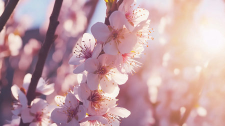 Beautiful spring background with a blooming tree branch and a blue sky with sun rays. White flowers in the foreground. Springtime banner template, high detail, super resolution, bright light, professional photography, sharp focus, stock photo. --chaos 30 --ar 16:9 --v 6.1 Job ID: a2bd7747-efb2-4703-ad24-9584048813afの素材