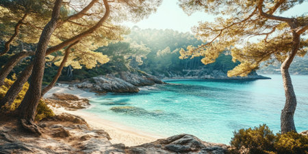 Cove with pine trees and turquoise water in Lloret de Mar, battlefield of swinging pines on the island mallorca spain --ar 2:1 --v 6.1 Job ID: 21e71f62-eb20-4b72-8433-9e204ee4773cの素材