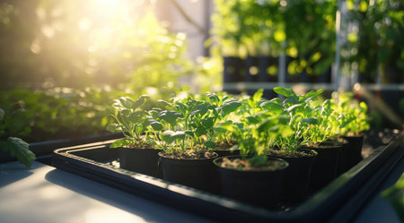 Close-up of young plants in pots on a black plastic tray with green leaves growing inside a modern greenhouse. Sun rays and a bokeh effect create a macro photography scene. --ar 128:71 --v 6.1 Job ID: e2076192-4dd8-4802-a038-af7d038c2f15の素材