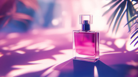 Beautiful pink background with shadows and blurred palm leaves. A bottle of perfume stands on the table, in close-up. Bright sunlight shines through the glass, creating beautiful reflections. The composition is balanced, with the product in sharp focus against a soft pastel backdrop. It creates an atmosphere of luxury and elegance. High-resolution photography, professional color grading, clear sharp focus, intricate details, advertising photography in the style of a professional photographer. --chaos 30 --ar 16:9 --v 6.1 Job ID: 01ddd6b4-caa3-4741-8387-67ab4fd36dbaの素材