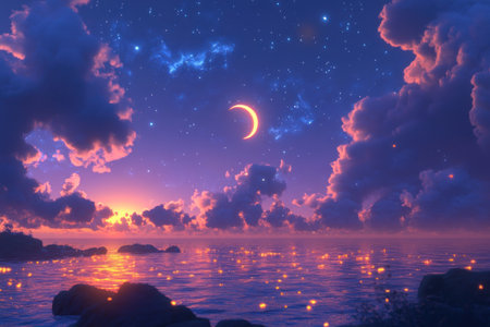 A beautiful night sky with a crescent moon, stars, and a calm ocean with glowing water, and beautiful clouds. --ar 3:2 --v 6.1 Job ID: 6ed34d5b-6198-4259-aa40-932602468a1dの素材