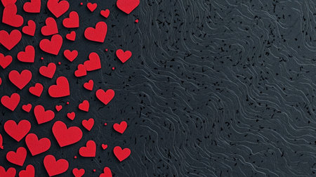 Black background with red hearts, paper cut-style, dark gray and black, simple and elegant, with a pattern of many small heart shapes on the left side of the image. The border is filled in black color to create contrast between light and shadow. It has an overall flat design feel, with a red outline inside each shape for visual impact. --chaos 30 --ar 16:9 --v 6.1 Job ID: a702bd04-212b-4104-b00e-a679ab63fa1cの素材