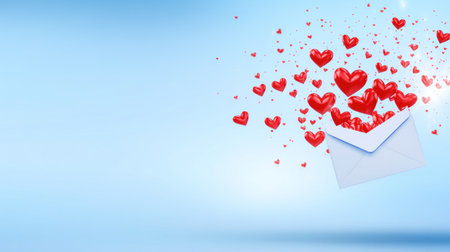 An envelope with red hearts flying out of it on a light blue background, in a flat lay, close-up. --chaos 30 --ar 16:9 --v 6.1 Job ID: 69de523a-50c0-4a99-abc4-18ffd9363550の素材
