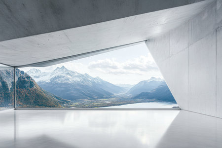 Empty white room interior with large concrete walls and panoramic window overlooking the mountain landscape. Abstract architectural background for presentation, banner, or cover design. --ar 3:2 --v 6.1 Job ID: e55ed2b9-994d-4721-a3b6-9d057705c293の素材