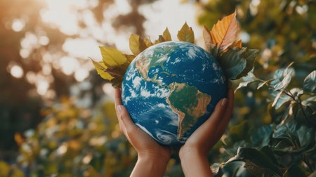 Green planet Earth with leaves in hands on a blurred green background, concept of environmental protection and sustainability. Copy space available. High quality image. --chaos 30 --ar 16:9 --v 6.1 Job ID: cf4fd449-de56-4fc3-b288-602c0a03fe79の素材