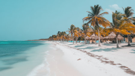A tropical beach with palm trees and white sand, blue ocean water, and an island in the background. The scene is captured from a close-up perspective of the sandy shore, showcasing clear skies above and gentle waves crashing on the sea floor. This image could be used for travel accent pieces or summer-themed designs. --chaos 30 --ar 16:9 --v 6.1 Job ID: 3c67259f-9468-4bfb-a933-b4296f412031の素材
