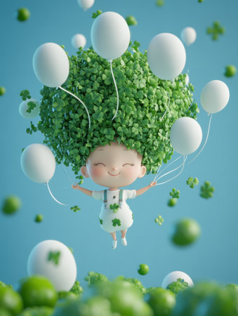 Cute little boy with green hair and made of clover leaves floating on balloons, simple blue background, 3D style, C4D model rendering, Octane renderer, high-resolution photography, cute cartoon design. The character is surrounded by small round vegetables, creating an overall light color scheme. It features a three-dimensional composition, with soft lighting and soft shadows in the scene. High-quality 8K image. --ar 3:4 --v 6.1 Job ID: 10f8cb45-c349-47b0-9b6e-58b664ea8cdcの素材