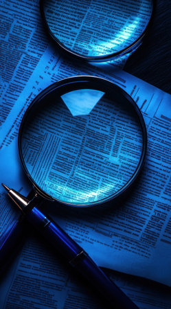 Close-up of blue magnifying glasses and documents, illuminated by neon light effects, on top view. The background is dark with subtle gradients in shades of gray to create depth. A pen rests beside the glasses adding an element of detail. High resolution photography style. --ar 71:128 --v 6.1 Job ID: 8ecb3dc0-1c2b-466a-94aa-ee26e7f1a33aの素材