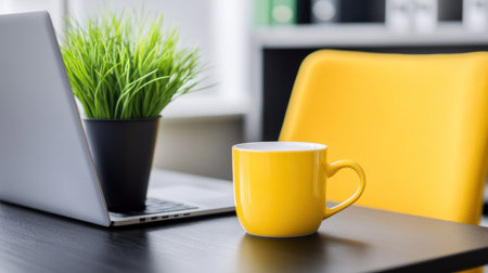 Laptop and coffee cup on a black table in a modern home office interior with a plant, evening lighting. High-resolution photography, insanely detailed, fine details, stock photo, professional color grading, soft shadows, low contrast, clean sharp focus. --chaos 30 --ar 16:9 --v 6.1 Job ID: a8e43fd5-a4ad-4f4d-9d36-d30fb107821aの素材