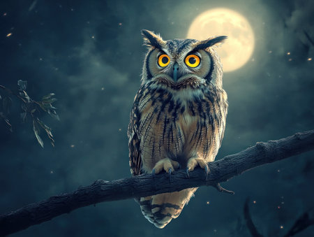 Full-body portrait of an owl perched on a branch, night scene with moonlight, in the style of fantasy art, with detailed fur and feathers, and big yellow eyes. --ar 4:3 --v 6.1 Job ID: ae0e1106-9b18-40c2-a962-937ffcedba5cの素材