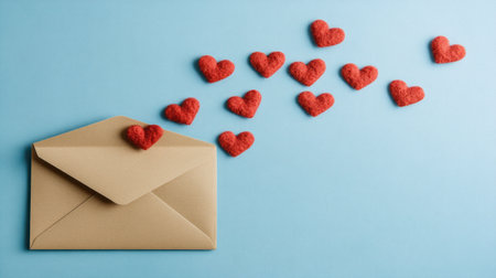 An envelope with red hearts flying out of it on a light blue background, in a flat lay, close-up. --chaos 30 --ar 16:9 --v 6.1 Job ID: 825a4861-a34e-4156-ae74-9eaa4b289b42の素材