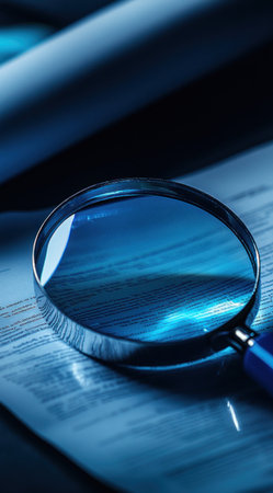 Close-up of blue magnifying glasses and documents, illuminated by soft lighting, creating an atmosphere of mystery in the office environment. The background is a dark gray gradient with subtle light reflections on the surface of the paper, adding depth to the scene. High resolution, detailed textures, realistic photography style. --ar 71:128 --v 6.1 Job ID: 00f1ab75-08d4-46d1-a4a3-5d4ab5caad58の素材