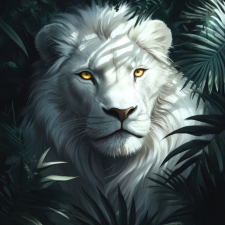 A white lion in the jungle, with its white fur and yellow eyes, depicted in a fantasy art style. The image is hyper-realistic, set against a dark background, and presented in high resolution. --v 6.1 Job ID: cd00626e-5ebd-4f17-97b8-f96b58be4c4fの素材