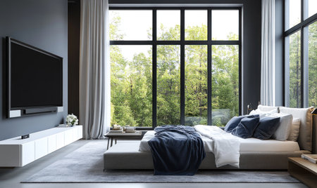 High-end hotel room, minimalist style, large TV hanging on the wall, sofa in front of the bed, carpet under the coffee table, floor-to-ceiling windows with curtains open, high ceiling, gray walls, white cabinet at the foot of the bed, blue-gray fabric pillow cover, white soft velvet blanket, wooden bedside desk lamp, warm lighting atmosphere, modern furniture decoration, spacious layout. --ar 5:3 --v 6.1 Job ID: 450de4c1-b124-43dc-b33d-6865fb3bf5a5の素材