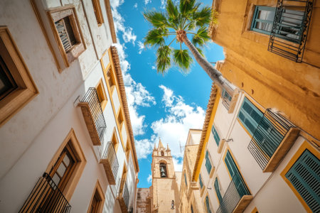 Mallorca, a photograph of the old town in Palma, historic buildings with white walls and yellow details, a church, a sky blue with clouds, green palm trees, a panoramic shot, architecture photography, high resolution, hyper-realistic, detailed. --ar 3:2 --v 6.1 Job ID: 0237dbe2-5023-4ebe-b450-0ac9625361c1の素材