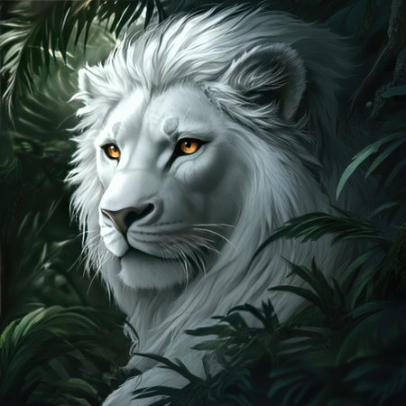 A white lion in the jungle, with its white fur and yellow eyes, depicted in a fantasy art style. The image is hyper-realistic, set against a dark background, and presented in high resolution. --v 6.1 Job ID: cd00626e-5ebd-4f17-97b8-f96b58be4c4fの素材