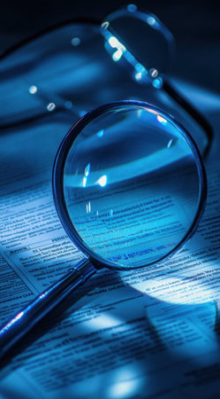 Close-up of blue magnifying glasses and documents, illuminated by soft lighting, creating an atmosphere of mystery in the office environment. The background is a dark gray gradient with subtle light reflections on the surface of the paper, adding depth to the scene. High resolution, detailed textures, realistic photography style. --ar 71:128 --v 6.1 Job ID: 00f1ab75-08d4-46d1-a4a3-5d4ab5caad58の素材