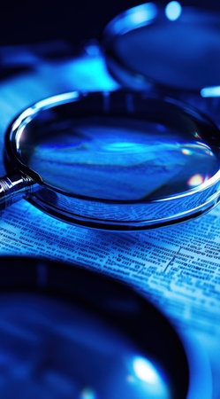 close up of blue magnifying glasses and documents, background is dark blue with light reflection, photorealistic, hyperrealism, octane render, cinematic, bokeh effect, high resolution photography, low angle shot, macro lens, shallow depth of field, perspective distortion, HDR, 3D rendering, cinema4d, blender, studio lighting, volumetric lighting, --ar 71:128 --v 6.1 Job ID: 0d17bf98-6119-4503-b6dd-68a7e4916776の素材