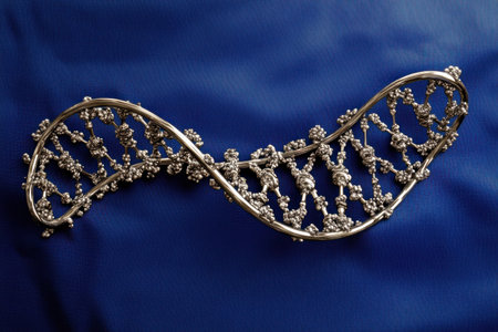 Close-up of a DNA double helix, high resolution, against a blue background, in the style of a stock photo. --ar 3:2 --v 6.1 Job ID: a20bb4ee-03d9-4221-990f-b079b1a8d351の素材