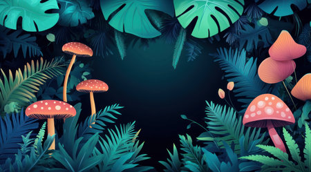 Cartoon-style background for photo backdrop with ferns and mushrooms in the jungle, featuring dark blue and green tones, vector illustration, colorful, high resolution, high detail, high quality, high definition, hyper-realistic, hyper-detailed, hyper-realism. --ar 128:71 --v 6.1 Job ID: 95ba5592-d922-44df-a914-567e0cb0bb31の素材