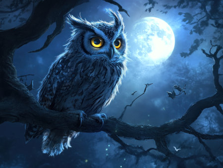 Full-body portrait of an owl perched on a branch, night scene with moonlight, in the style of fantasy art, with detailed fur and feathers, and big yellow eyes. --ar 4:3 --v 6.1 Job ID: ae0e1106-9b18-40c2-a962-937ffcedba5cの素材