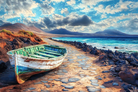 An old wooden boat rests on the beach in Lanzarote, painted in white and blue with green details. In front of it, an old stone road leads to sharp rocks, with the sea water flowing along. In the distance, there are mountains. The sky above is filled with beautiful clouds and a vibrant azure color. --ar 3:2 --v 6.1 Job ID: edbf440c-5637-45c5-b9b9-2fb4d43a1f61の素材