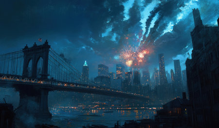 Fireworks over the city skyline of New York during the USA's national holiday, with a blue sky in the background. In the foreground are buildings along the river and a bridge at night. --ar 17:10 --v 6.1 Job ID: 63bcbc7f-3316-4db9-acd7-9fccd3e7e64cの素材