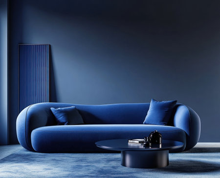Blue sofa and coffee table against a dark blue wall in a living room, front view, mockup photo, interior design photography, photorealistic, high resolution, interior background, soft lighting, minimal style, natural light, low key. --ar 37:30 --v 6.1 Job ID: 17f75eda-ef98-4987-a91d-a68b555ad7ddの素材