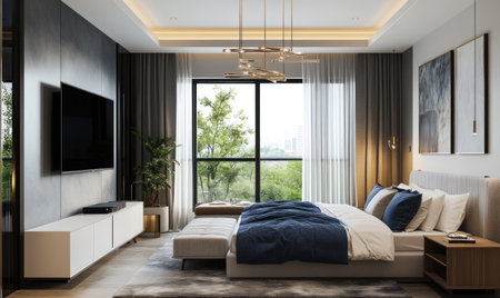 High-end hotel room, minimalist style, large TV hanging on the wall, sofa in front of the bed, carpet under the coffee table, floor-to-ceiling windows with curtains open, high ceiling, gray walls, white cabinet at the foot of the bed, blue-gray fabric pillow cover, white soft velvet blanket, wooden bedside desk lamp, warm lighting atmosphere, modern furniture decoration, spacious layout. --ar 5:3 --v 6.1 Job ID: 450de4c1-b124-43dc-b33d-6865fb3bf5a5の素材