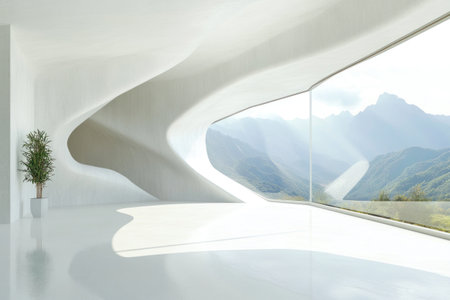 Abstract white interior room with concrete walls and panoramic window overlooking the mountain landscape. The concept of empty space for presentation, exhibition, or show design. --ar 3:2 --v 6.1 Job ID: bb0fa5d6-cbc6-4478-94fb-9d112a20ab8aの素材