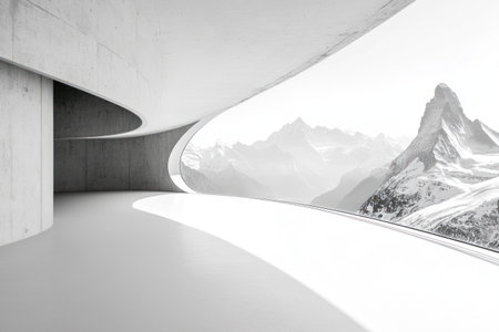 Abstract white interior room with concrete walls and panoramic window overlooking the mountain landscape. The concept of empty space for presentation, exhibition, or show design. --ar 3:2 --v 6.1 Job ID: bb0fa5d6-cbc6-4478-94fb-9d112a20ab8aの素材