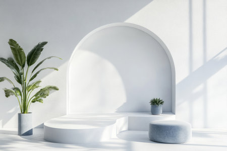 Abstract white background with minimalistic geometric shapes, podiums for product display in a modern design studio. 3D rendering illustration of simple cube blocks, platform showcase for packaging presentation mockup. Minimal architectural concept. --ar 3:2 --v 6.1 Job ID: e757c29f-bf94-44a0-b60a-cda34d6c0e7dの素材