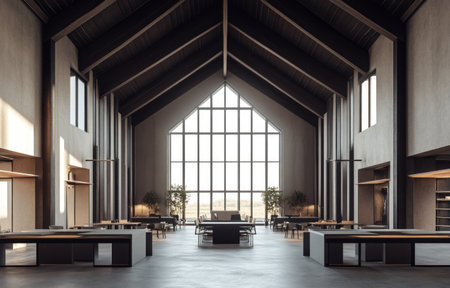 Design an open office space with high ceilings and concrete floors, featuring modern desks for individual work. 3D render of an industrial-style interior design, wide-angle view showcasing the entire room from front to back, with a double-height ceiling that features black steel beams and gray cement flooring. --ar 47:30 --v 6.1 Job ID: 615fa4a0-2874-477b-b40e-499237028171の素材