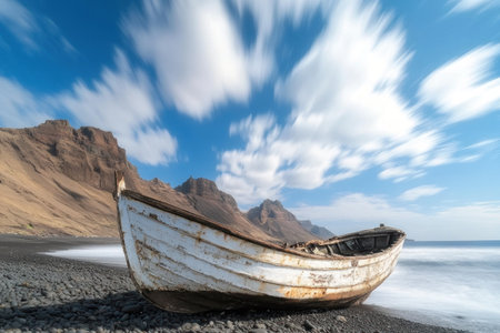 An old, weathered boat sits on the shore of an ocean beach in Lanzarote, with rugged mountains and a blue sky in the background. The photo captures the serene beauty of the coastal landscape. --ar 3:2 --v 6.1 Job ID: 14c40f3c-49fb-458f-a713-4dcf1d39d6bbの素材