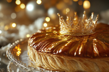 g contendre un galette des rois avec une courYSIS d'or et est sur la photo ton flash, il ySBoutancÃ© par spins-grain golden foil paper and gold crown with white paper fr-l smuggled on top of the pastry. The background is a shiny reflective surface, which adds to the overall luxury feel of the scene. This design would be perfect for conveying opulence or celebration in high-end cooking events. --ar 3:2 --v 6.1 Job ID: e3776b51-0f13-4b79-88e8-872cee3f50f9の素材