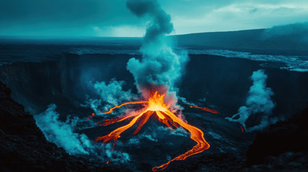 An erupting volcano, with lava flowing down its sides and smoke rising into the sky, set against an ominous dark blue twilight background. A fantasy-style scene. --chaos 30 --ar 16:9 --v 6.1 Job ID: f15a2607-abe4-45ef-b2c2-b7ca6b5c3766の素材