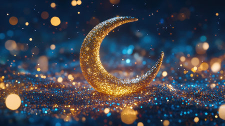 A shiny golden crescent moon on a colorful background with glitter and bokeh effects, creating an atmosphere of celebration during Ramadan. --chaos 30 --ar 16:9 --v 6.1 Job ID: 69206cba-3c7e-436c-ac4c-bf42be249e46の素材