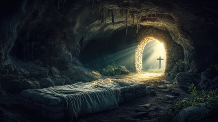 Easter background, empty tomb with stone rolled away and glowing light emanating from inside, symbolizing the magical moment of Jesus' rebirth on Easter morning, a cross in the distance, a blanket at one end of an open cave door, a beam of sunlight shining through, surrounded by lush greenery, symbolizing new life and hope for all people. Copy space concept. --chaos 30 --ar 16:9 --v 6.1 Job ID: 1cb2d34d-3030-438d-bb19-04426f650d77の素材