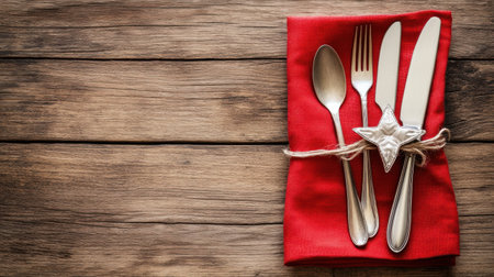 Christmas and New Year table setting with cutlery, star decoration on a wooden background, and a red napkin. This Christmas concept is suitable for menu design or a winter festive party banner. --chaos 30 --ar 16:9 --v 6.1 Job ID: 42f569a8-8f5a-45c1-94b2-9132357282d4の素材
