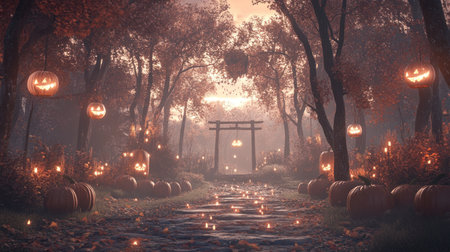 Autumn background with pumpkins on leaves in a forest at sunrise, a Halloween concept. --chaos 30 --ar 16:9 --v 6.1 Job ID: 822a522a-f30d-42a3-9ca4-ffe472ef53b8の素材